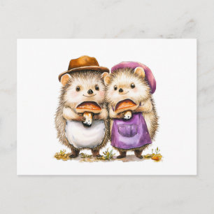 Postal Ilustración en acuarela de dos erizos con porc