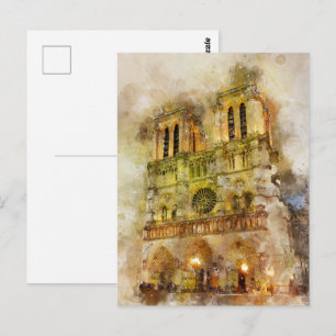 Postal Ilustración en acuarela de la catedral de Notre Da