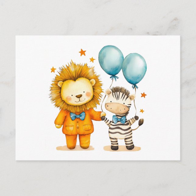 Postal Ilustración en Acuarela de León y Cebra con Globos (Anverso)
