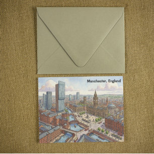 Postal Ilustración en acuarela de Mánchester Inglaterra