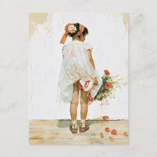 Postal Ilustración en Acuarela de Niña con Flores