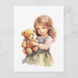 Postal Ilustración en Acuarela de Oso de Peluche de Niña 
