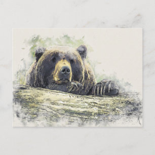 Postal Ilustración en acuarela de oso en reposo