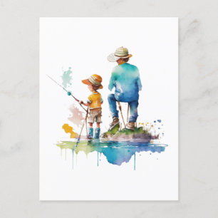 Postal Ilustración en acuarela de padre e hijo arte de IA