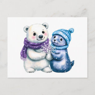 Postal Ilustración en acuarela de un oso polar y una foca