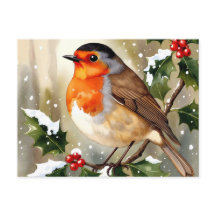 Ilustración en acuarela de un petirrojo navideño a