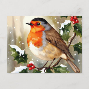Postal Ilustración en acuarela de un petirrojo navideño a