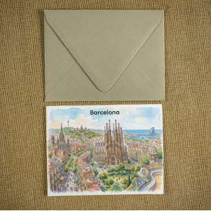 Postal Ilustración en acuarela del paisaje urbano de Barc