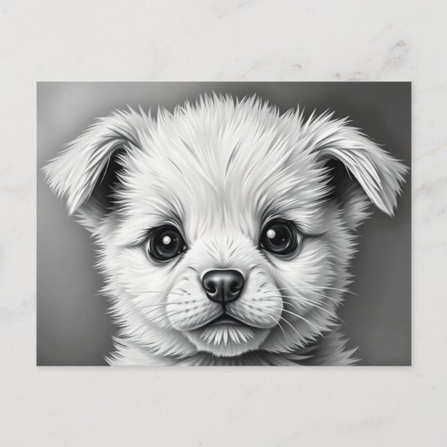 Postal Ilustración en negro y blanco de cara de cachorro  (Anverso)