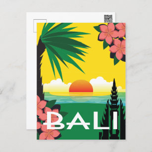 Postal Ilustracion estilo viaje vintage de Bali Indonesia
