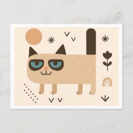 Postal Ilustracion feliz de gato minimalista, estilo esca
