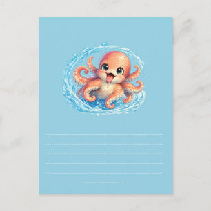 Postal Ilustración feliz de pulpo kawaii de vida marina