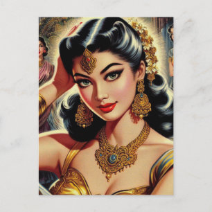 Postal Ilustracion femenino indio vintage
