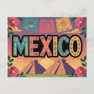Postal Ilustración festiva de México con pirámides