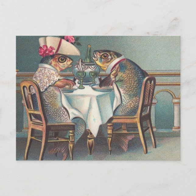 Postal Ilustracion Fish Dinner Vintage (Anverso)