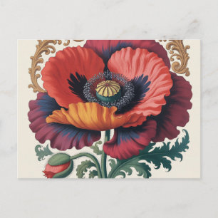 Postal Ilustración floral de amapola vintage ornamentada