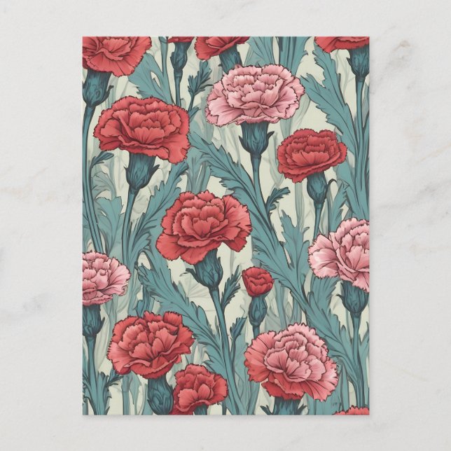 Postal Ilustracion floral de claveles rosados (Anverso)