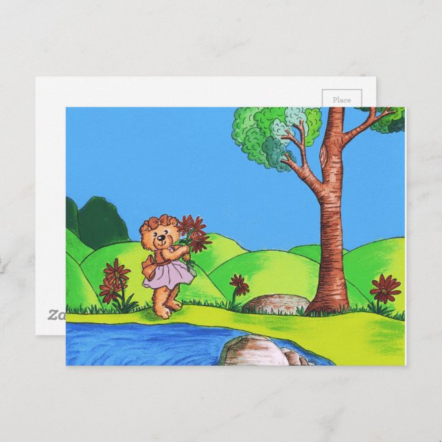 Postal Ilustracion floral de Girly Bear Country (Anverso / Reverso)