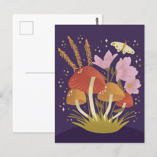 Postal Ilustracion Floral de hongos de Woodland