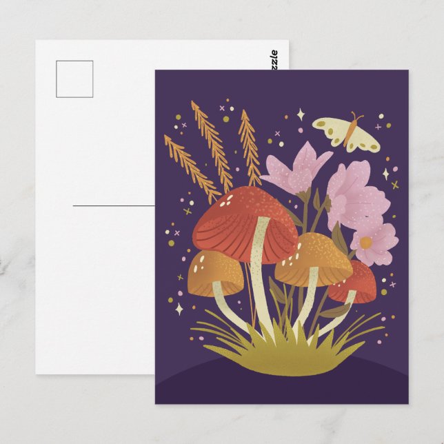 Postal Ilustracion Floral de hongos de Woodland (Anverso / Reverso)