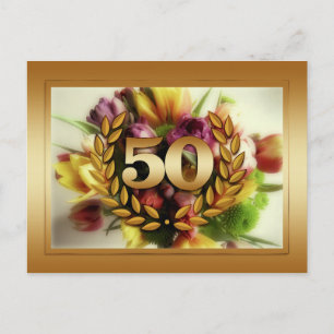 Postal ilustración floral del 50 aniversario marco dorado