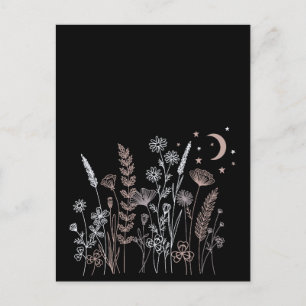 Postal Ilustración floral del cielo nocturno boho: luna,