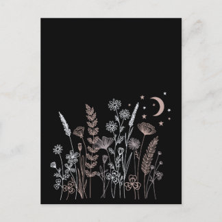Postal Ilustración floral del cielo nocturno boho: luna,