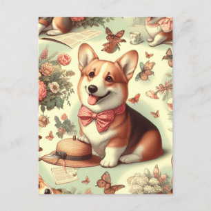 Postal Ilustracion galés vintage Corgi Cardigan