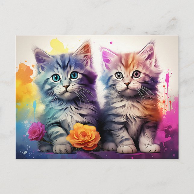 Postal Ilustracion gatito vibrante acuarela floral (Anverso)