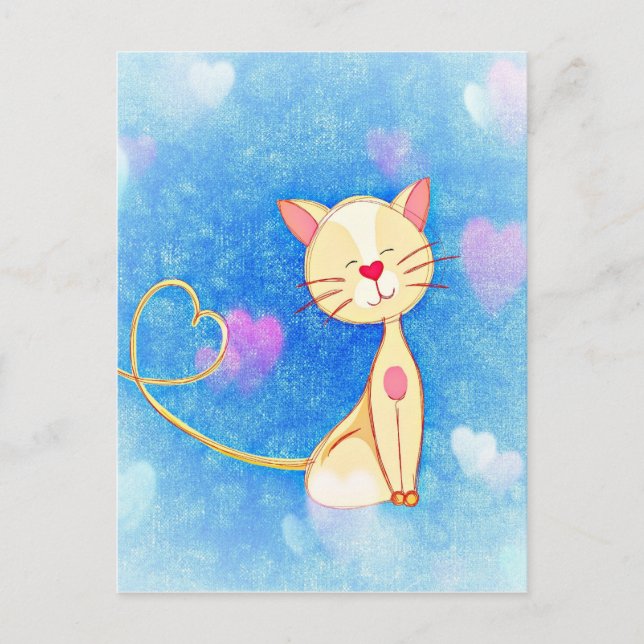 Postal Ilustracion gato adorable con corazón (Anverso)
