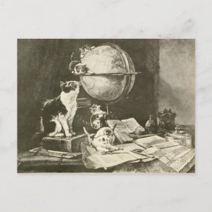 Postal Ilustracion Gato de época, escritorio con libros y