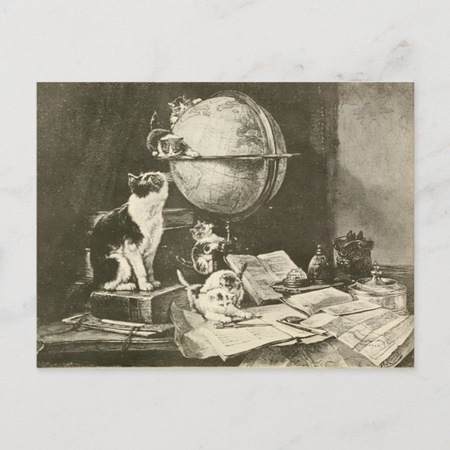 Postal Ilustracion Gato de época, escritorio con libros y (Anverso)