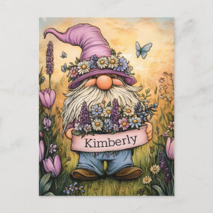 Postal Ilustracion Gnome Jardín con cartel de Personaliza