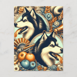 Postal Ilustracion Husky retro siberiano