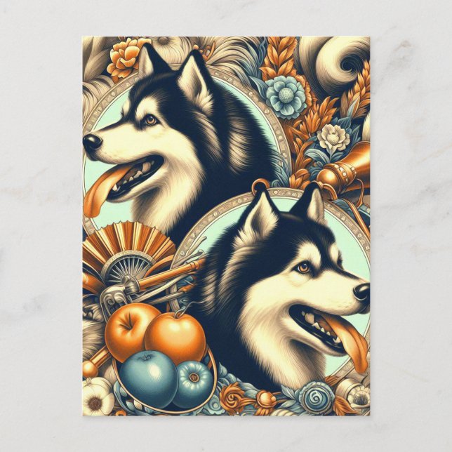 Postal Ilustracion Husky retro siberiano (Anverso)