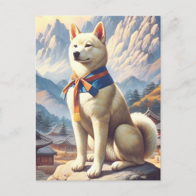 Postal Ilustracion Jindo coreano vintage (Anverso)