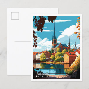 Postal Ilustracion Linkoping Suecia Viaje Viejo Viejo