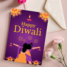 Postal Ilustracion luminoso Diwali rosa púrpura