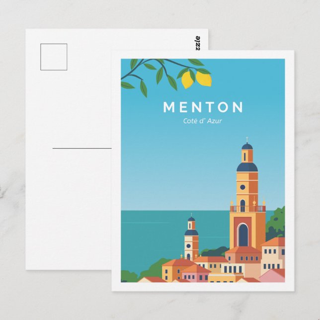 Postal Ilustracion Menton Cote de Azur Travel Place (Anverso / Reverso)