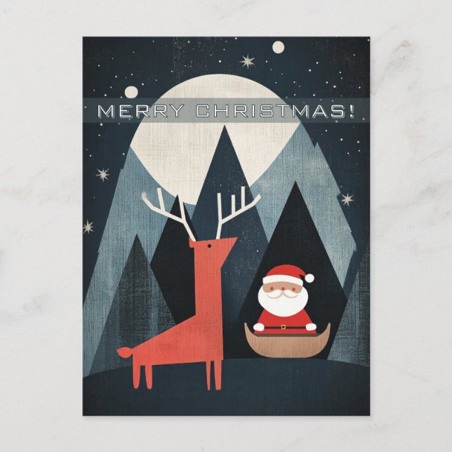 Postal Ilustración moderna de Santa y alce (Anverso)