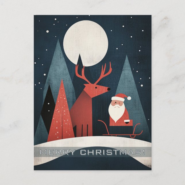 Postal Ilustración moderna de Santa y alce (Anverso)