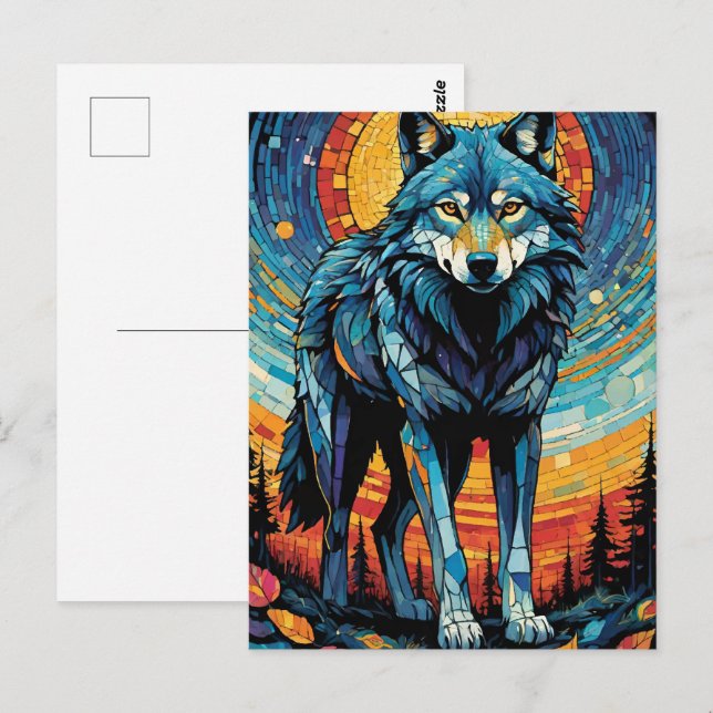 Postal Ilustracion mosaico colorido del lobo majestuoso (Anverso / Reverso)