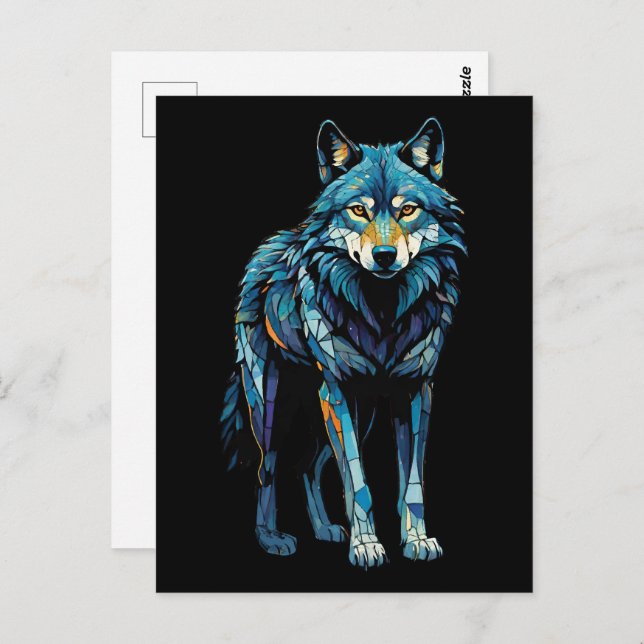 Postal Ilustracion mosaico colorido del lobo majestuoso (Anverso / Reverso)