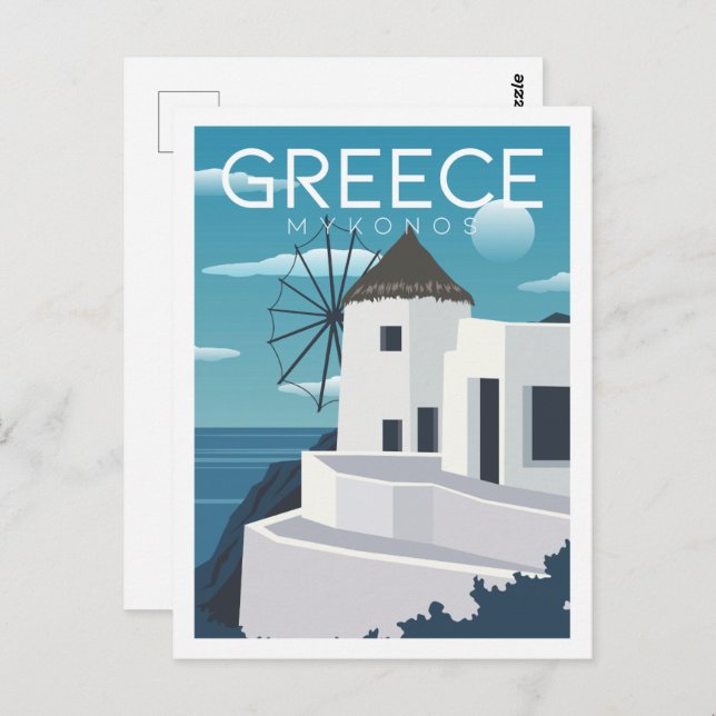 Postal Ilustracion Mykonos Grecia (Anverso / Reverso)