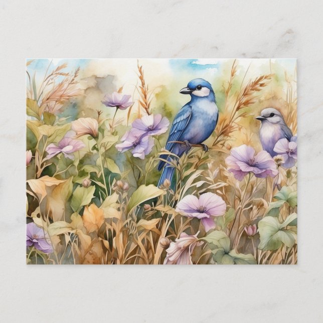 Postal Ilustracion natural con aves y flores silvestres (Anverso)