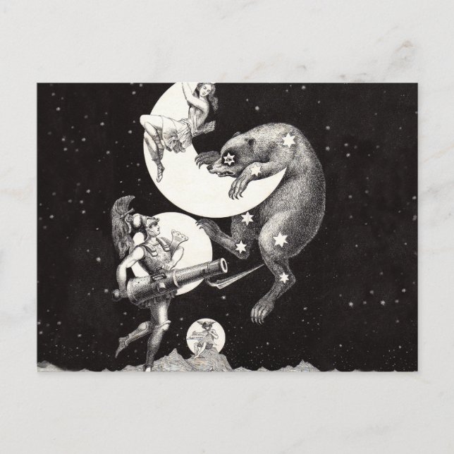 Postal Ilustracion nocturno del cielo celeste de la luna (Anverso)