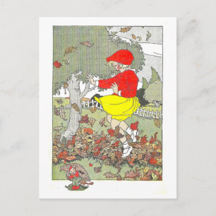 Postal ilustracion otoño/otoño "Jugando en las hojas"