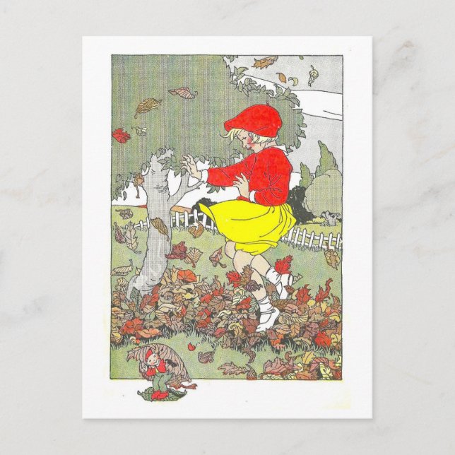 Postal ilustracion otoño/otoño "Jugando en las hojas" (Anverso)