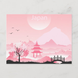 Postal Ilustracion paisajístico de Japón en tonos rosas