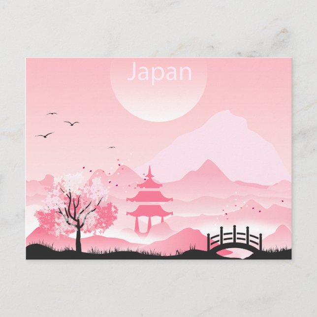 Postal Ilustracion paisajístico de Japón en tonos rosas (Anverso)